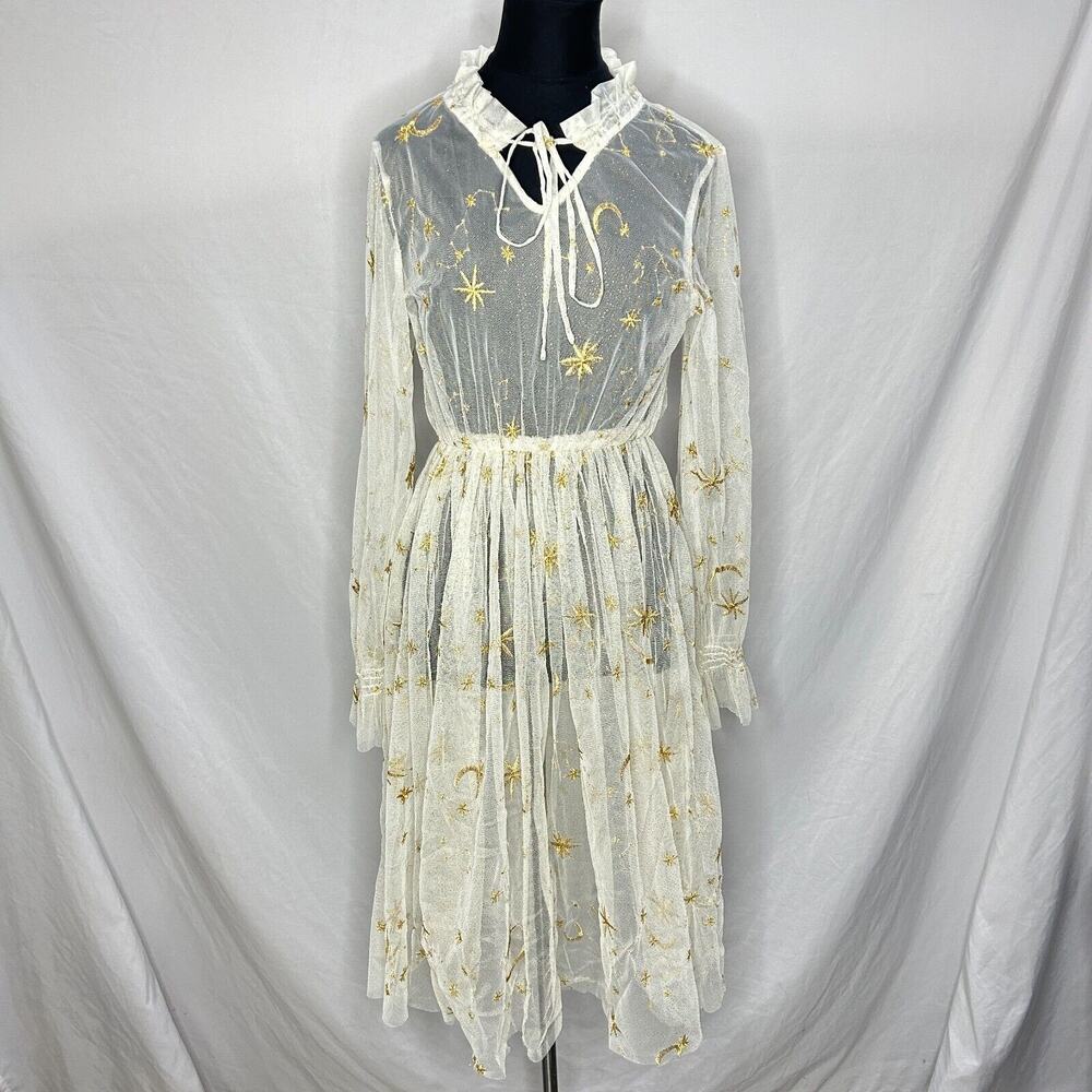 Women's Sheer Dress Embroidered Gold Stars Ivory Cream Size Medium